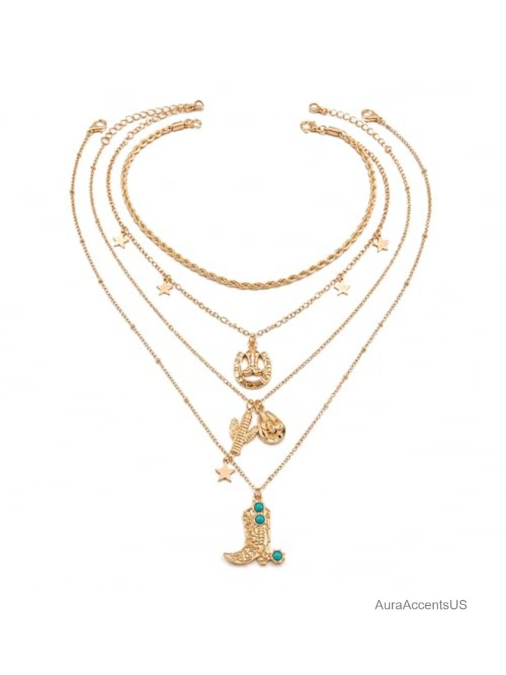 Western Layered Necklace Cowboy Boots Cacti Cross Turquoise Boho Country Concert